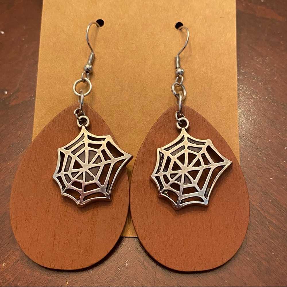 Wooden Earrings with Silver Spider Web Dangle